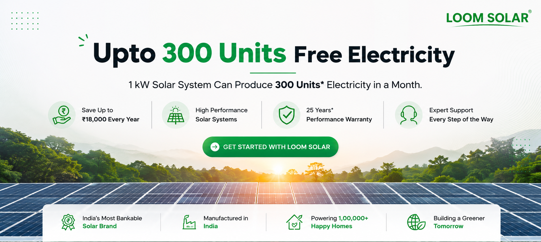 Loom Solar banner highlighting up to 300 units of free electricity with rooftop solar benefits